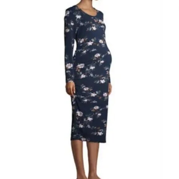Time and Tru NWT Long Sleeve Semi-Fitted Midi Maternity Dress Navy Floral 678 - Picture 1 of 5